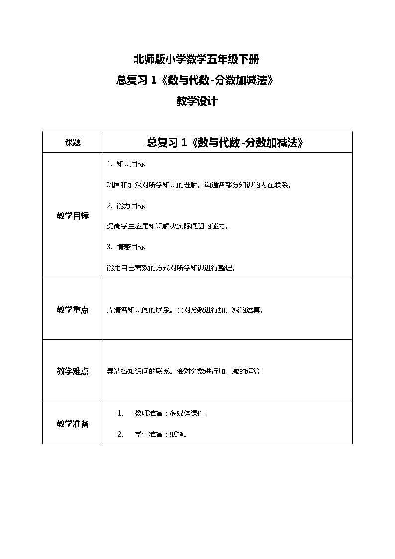 北师版小学数学五年级下册总复习1《数与代数-分数加减法》教案第1页