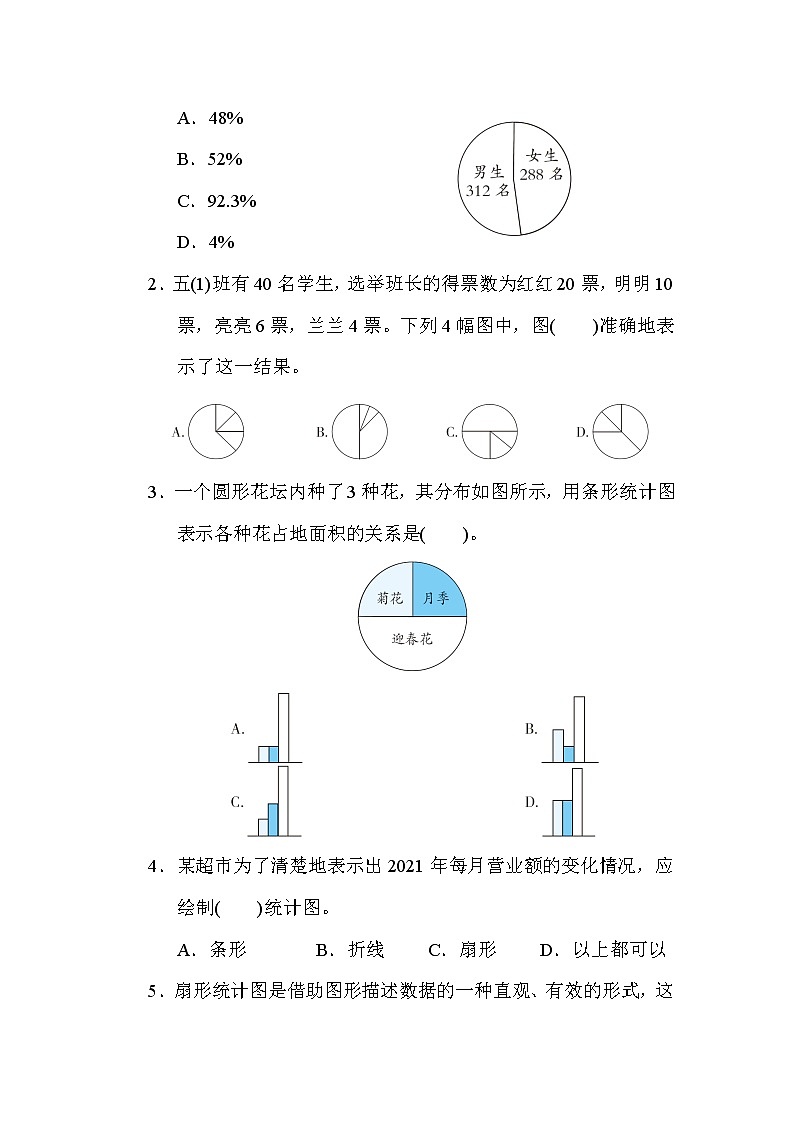 青岛版五年级下册数学 第五单元 扇形统计图 测试卷第3页