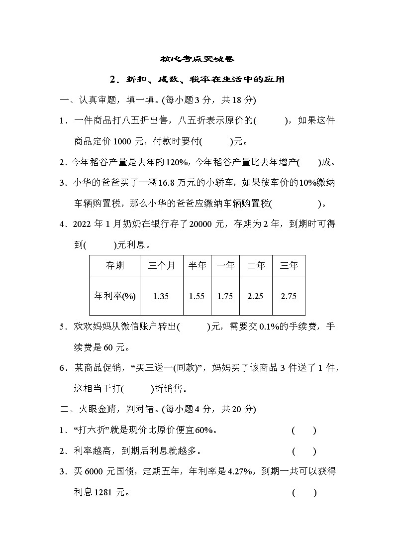 人教版六年级下册数学 核心考点突破卷2．折扣、成数、税率在生活中的应用第1页