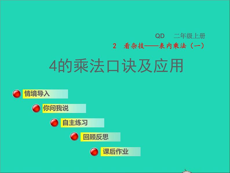 2021二年级数学上册二看杂技__表内乘法一信息窗3第2课时4的乘法口诀及应用授课课件青岛版六三制01
