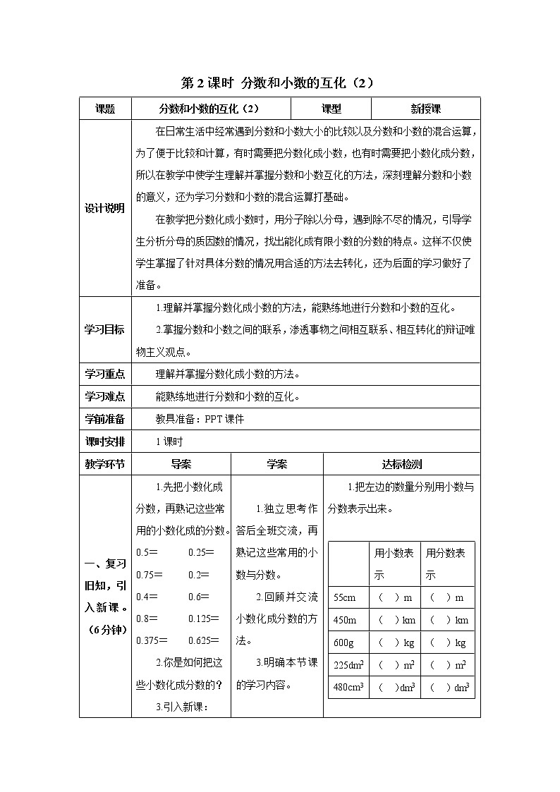 人教版数学五年级下册第四单元 第2课时 分数和小数的互化（2） 导学案第1页