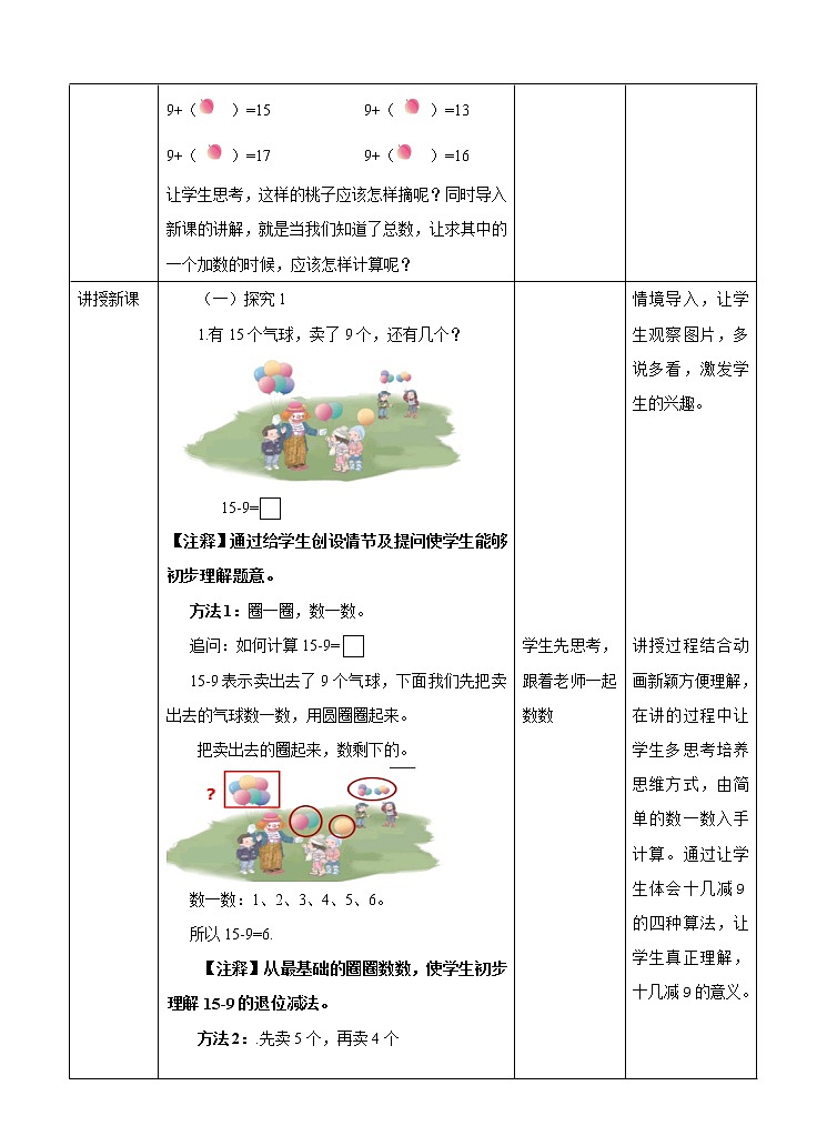 第二单元 20以内的退位减法 第一课时十几减9 教案第2页