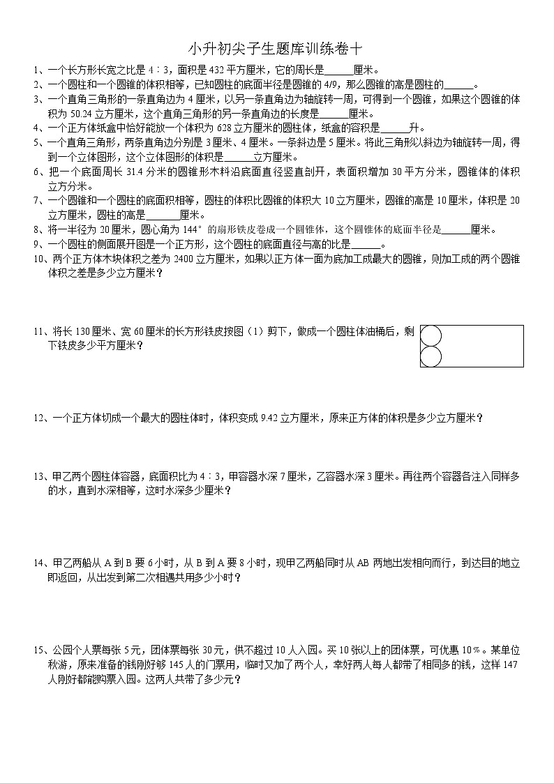 小升初题库训练卷十第1页