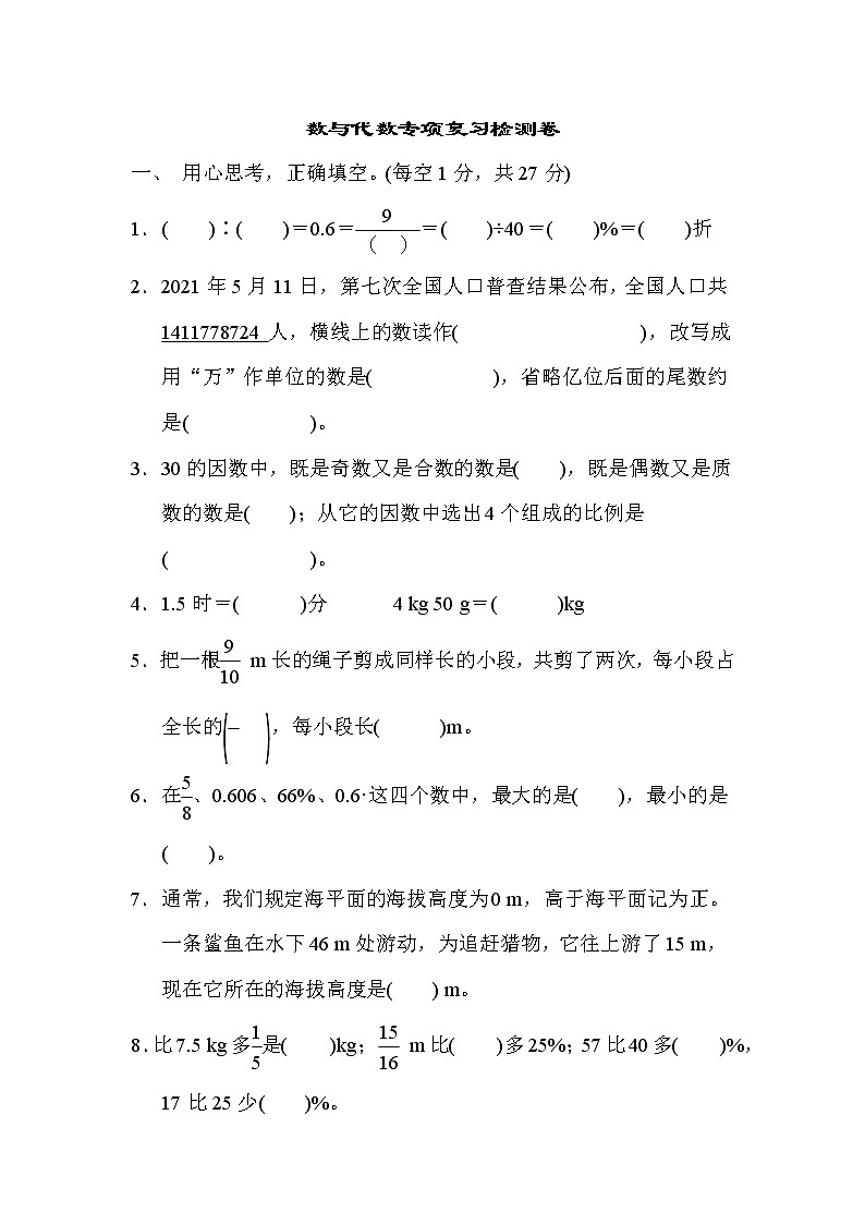 人教版六年级下册数学 数与代数专项复习检测卷第1页