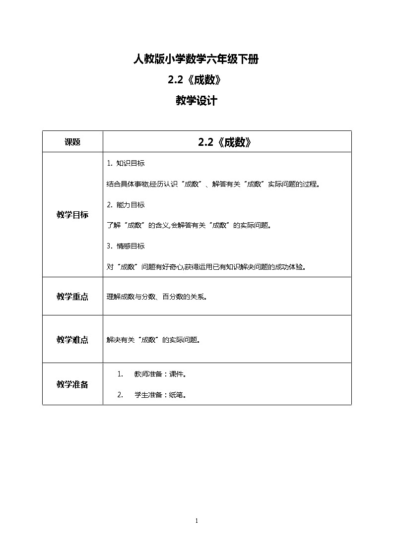 人教版小学数学六年级下册2.2《成数》课件教案01