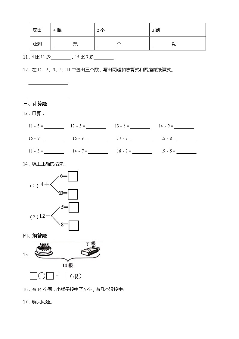 2021-2022学年度人教版一年级数学下册课课练 2.3十几减5、4、3、2 同步练习（含答案）第2页