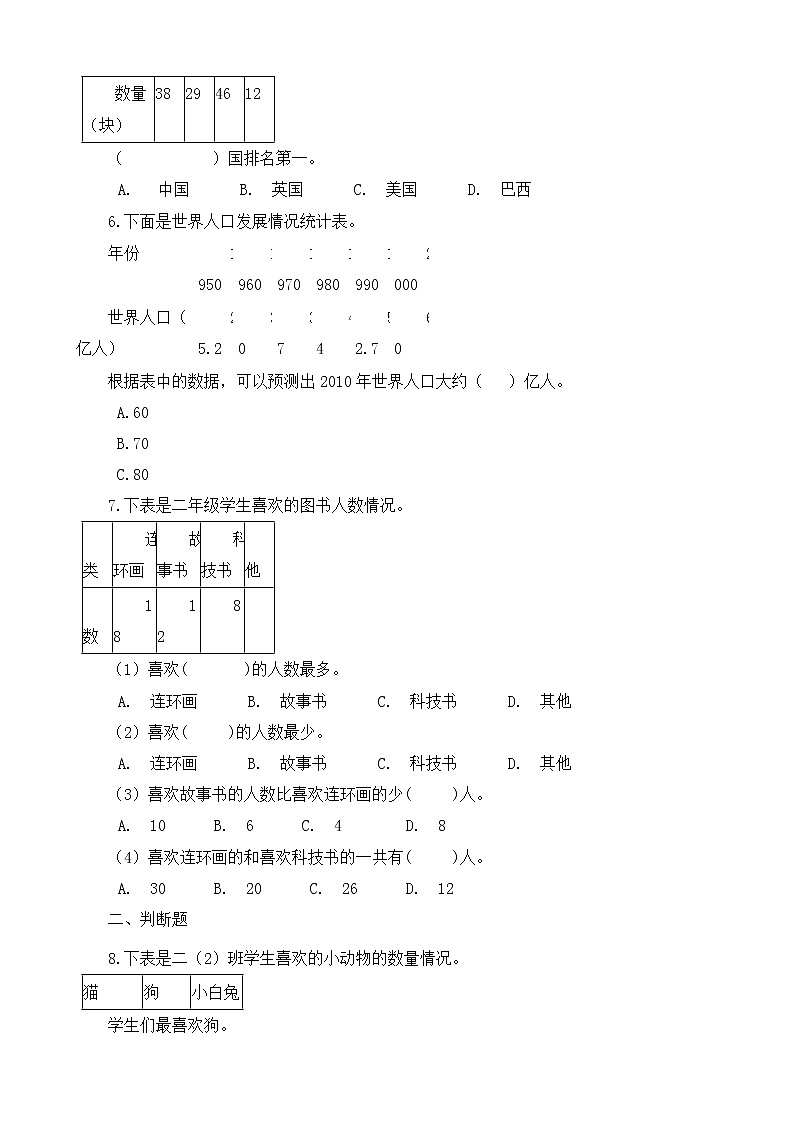 人教版数学二年级下册-01数据收集整理-随堂测试习题06第2页
