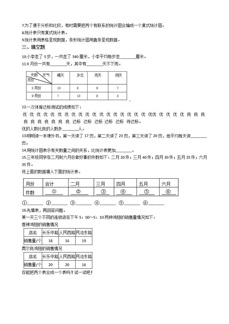 人教版数学三年级下册-03复式统计表-随堂测试习题0202