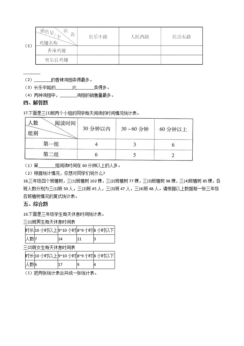 人教版数学三年级下册-03复式统计表-随堂测试习题0203