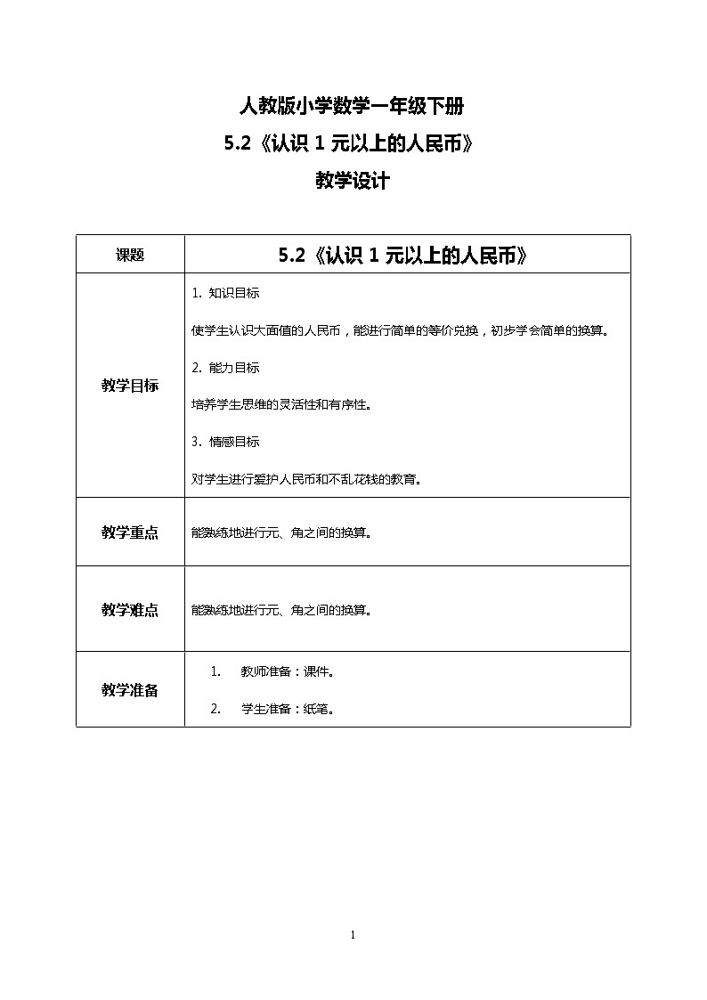 人教版小学数学一年级下册5.2《认识1元以上的人民币》课件教案01