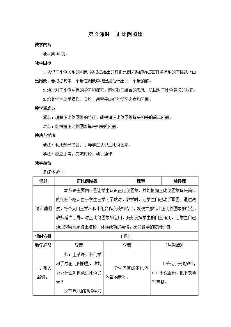 人教版数学六年级下册第四单元 第2课时 正比例图象 导学案01