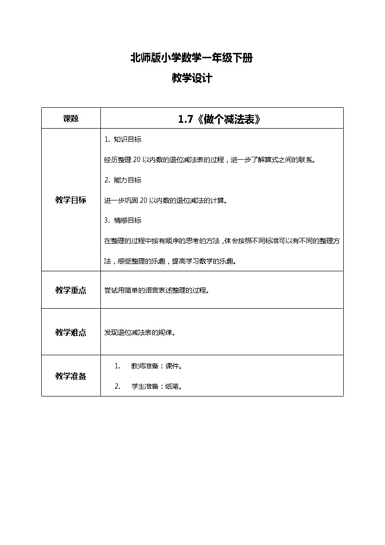 北师版小学数学一年级下册1.7《做个减法表》课件教案01