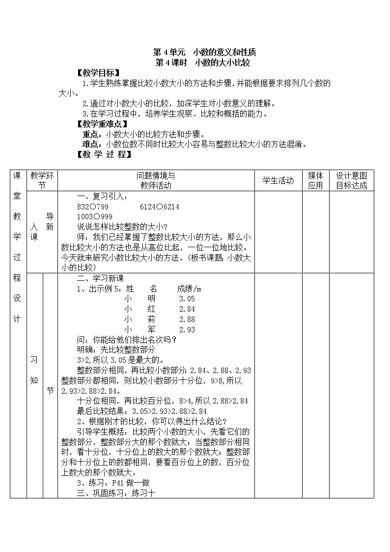 人教版数学四年级下册-04小数的意义和性质-02小数的性质和大小比较-教案01第1页