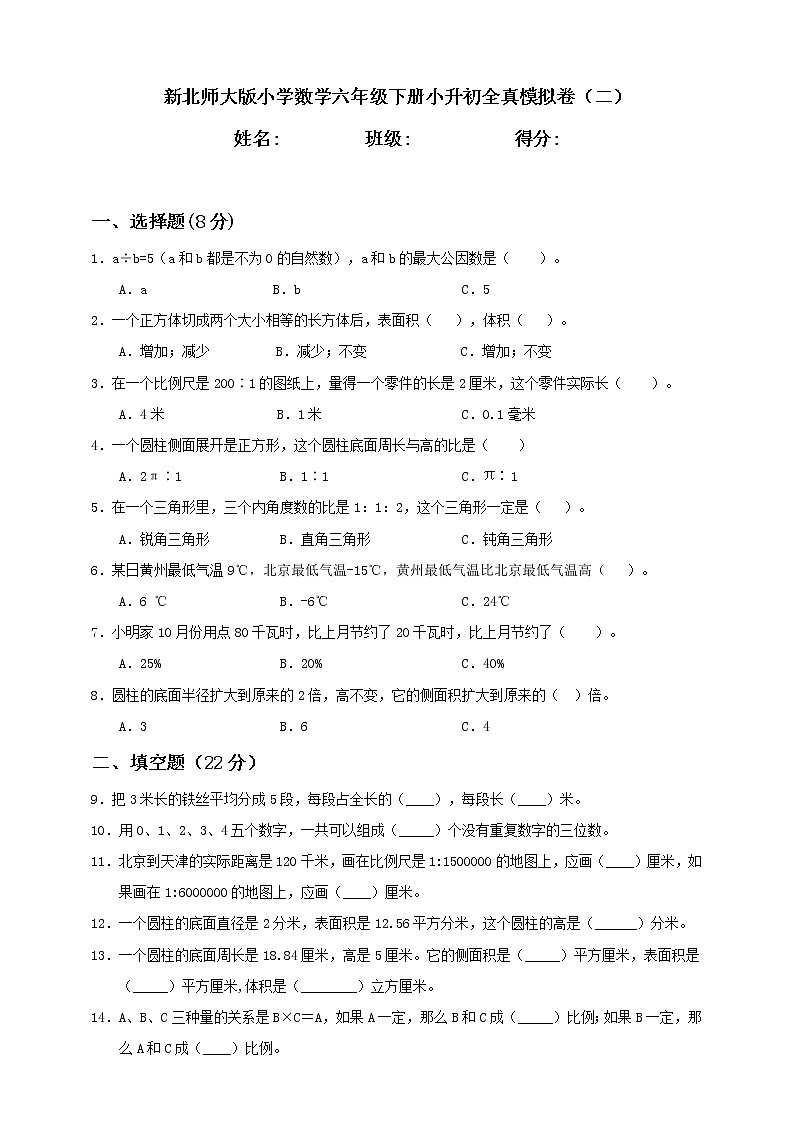新北师大版小学数学六年级下册小升初全真模拟卷（二）含答案第1页