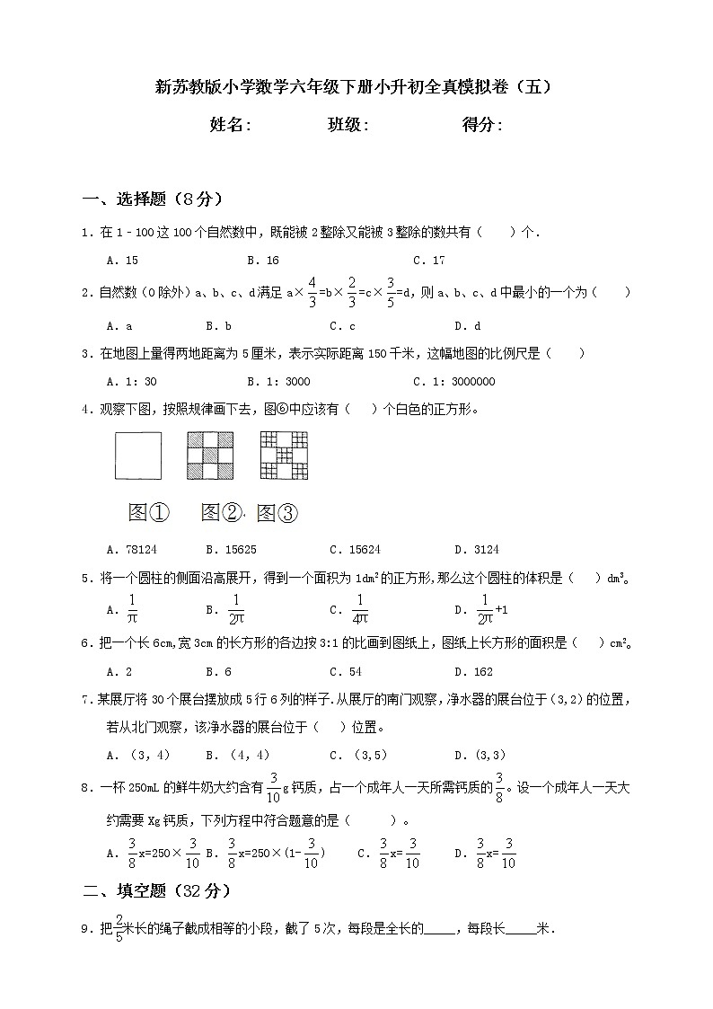 新苏教版小学数学六年级下册小升初全真模拟卷（五）含答案01