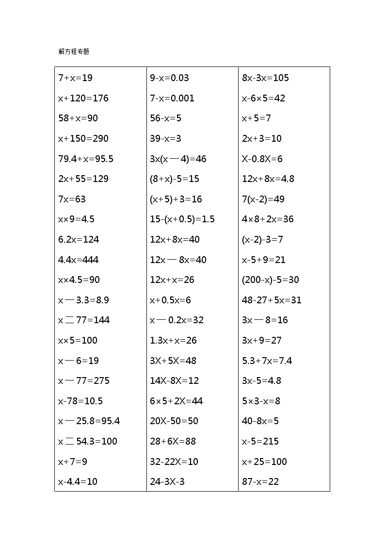 人教版数学五年级上册解方程式练习题01