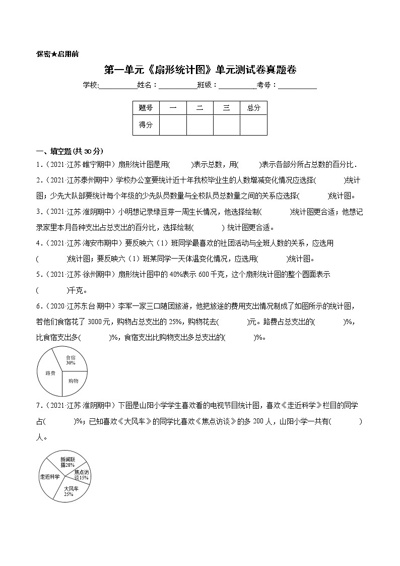 【江苏省地区真题汇编】第一单元《扇形统计图》单元测试卷真题卷二（2021-2022学年苏教版数学六年级下册）01