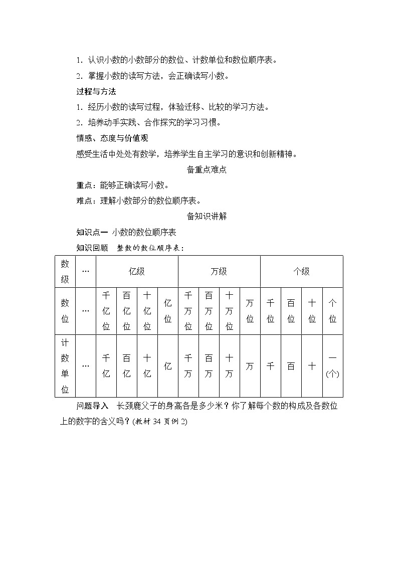 第4单元第1节第2课时《小数的读法和写法》备课解决方案第2页