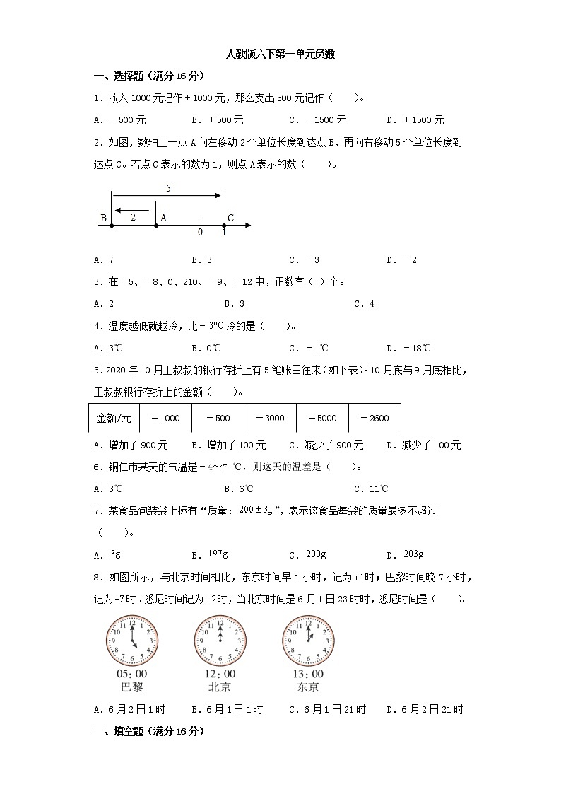 【精品】人教版六年级下册常考题特训第一单元负数1（word版，含答案）第1页