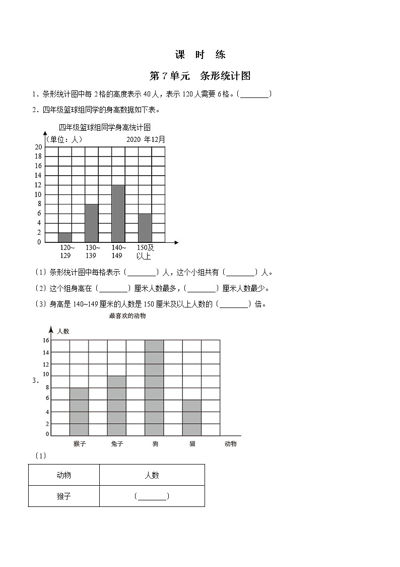 四年级上册数学人教版课时练第七单元《条形统计图》01含答案第1页