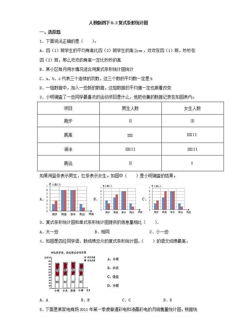 人教版四下8.2复式条形统计图（word版，含答案）练习题01