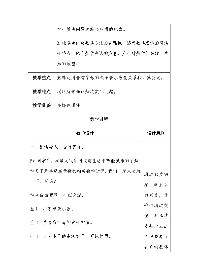 四上  第二单元  第3课时  用字母表示数 单元整理与复习教案第2页