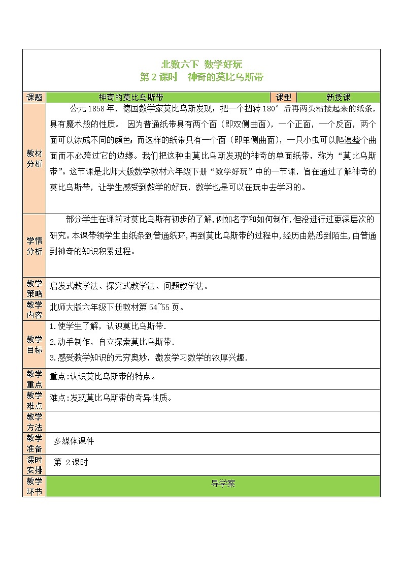 【精品备课】北师大版 6年级下册数学 数学好玩第2课时 神奇的莫比乌斯带 表格式教案第1页