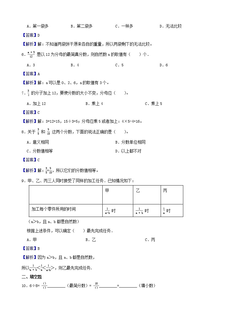 学霸夯基——苏教版数学五年级下册第四单元分数的意义和性质练习试题02