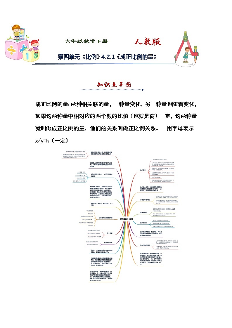 人教版 六年级下册数学第四单元《比例》4.2.1《成正比例的量》知识点思维导图及习题（含答案）01