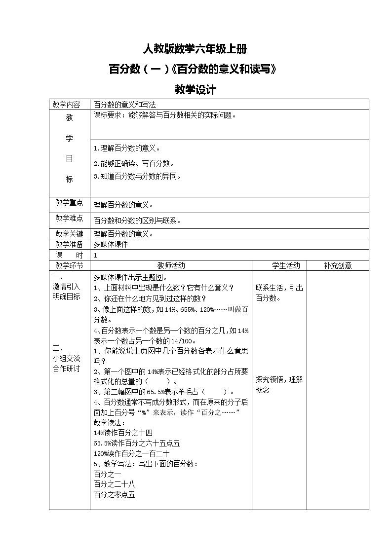 人教版数学六上第六单元第一课时《百分数的意义和读写》课件+教案+同步练习（含答案）01