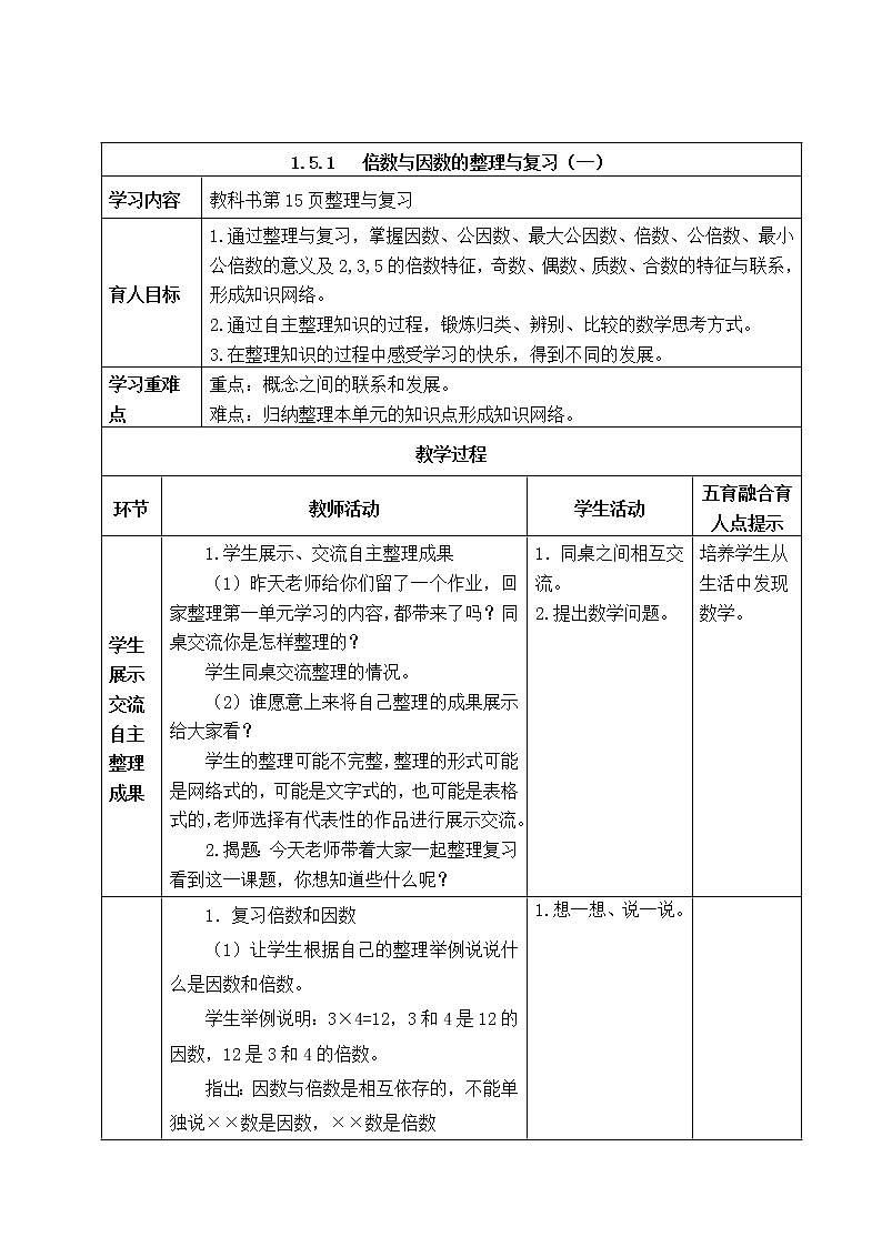 西师版五年级下册数学《1.5.1   倍数与因数的整理与复习（一）》表格式教案第1页