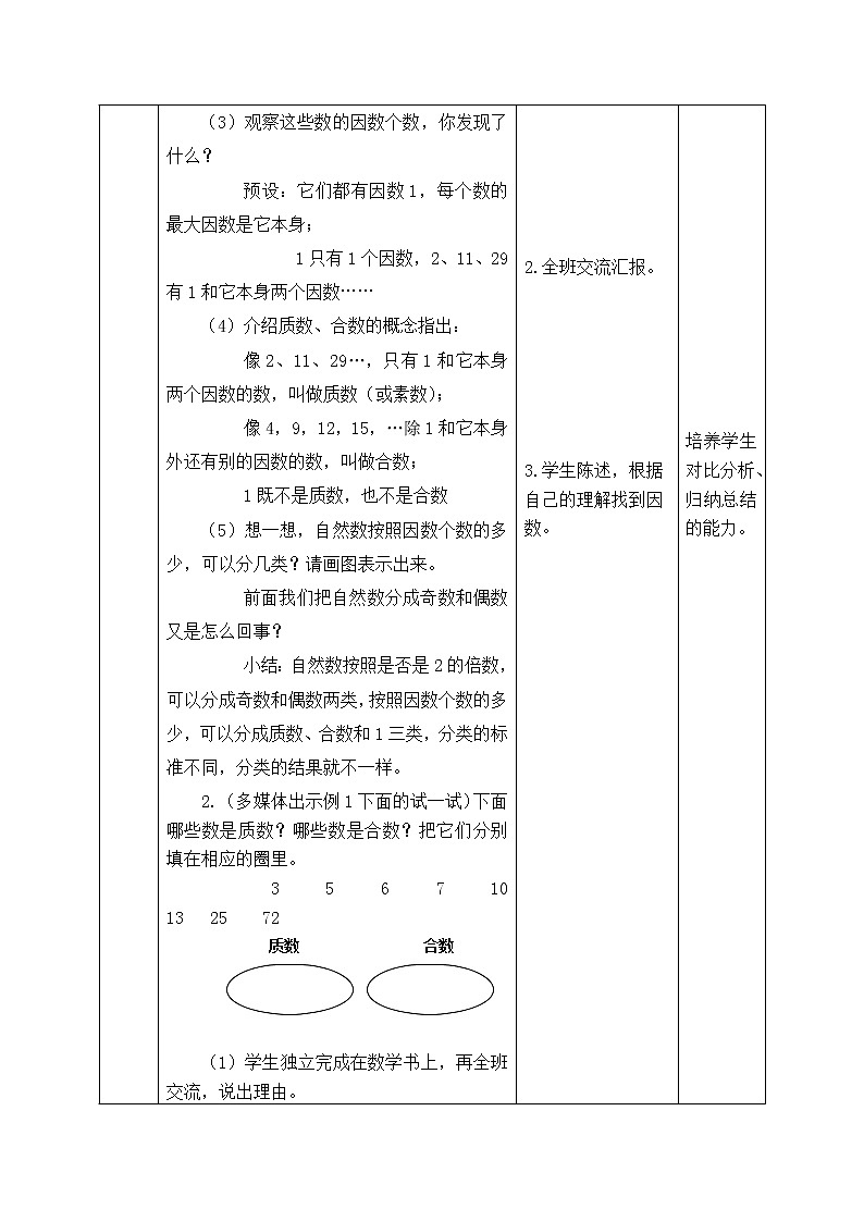 西师版五年级下册数学《1.3.1   合数与质数》表格式教案02