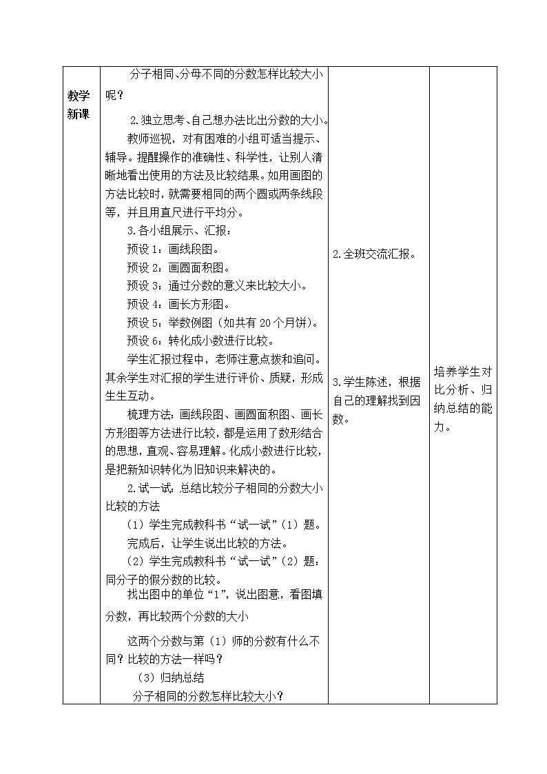 西师版五年级下册数学《2.3.2  比较分数的大小》表格式教案02