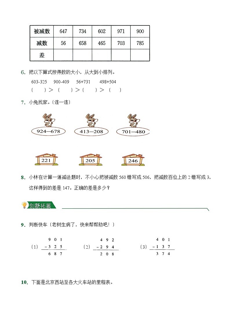 人教版【小卷】4.4 三位数减两、三位数（连续退位）（课后作业）数学三年级上册试题附答案第2页