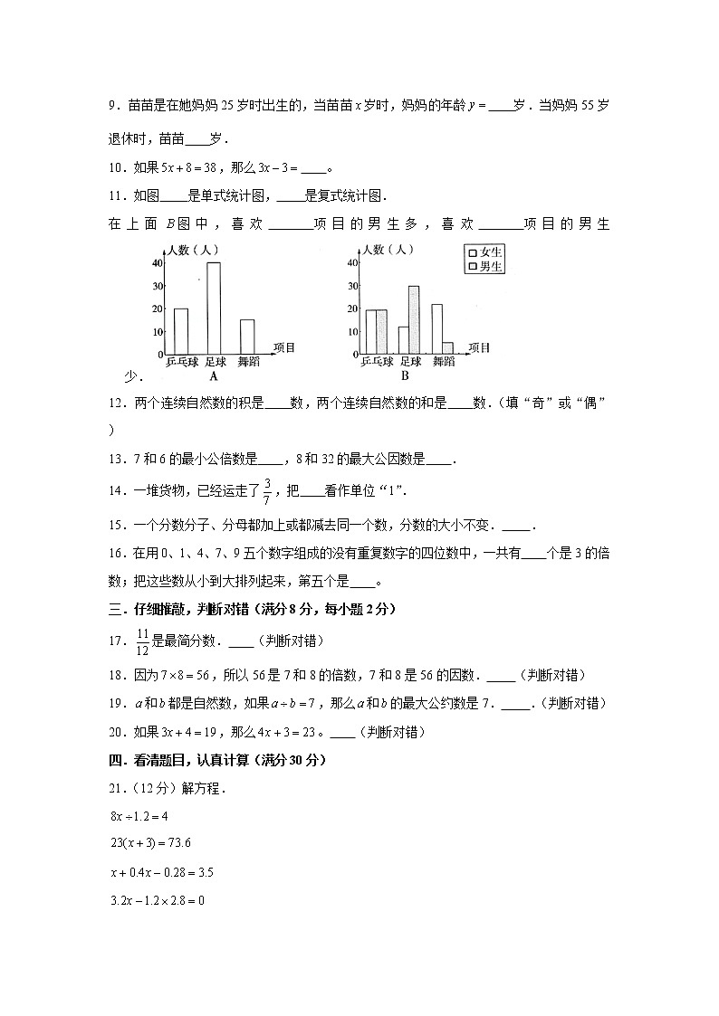 苏教版小学数学五年级下册期中常考易错题汇编1402