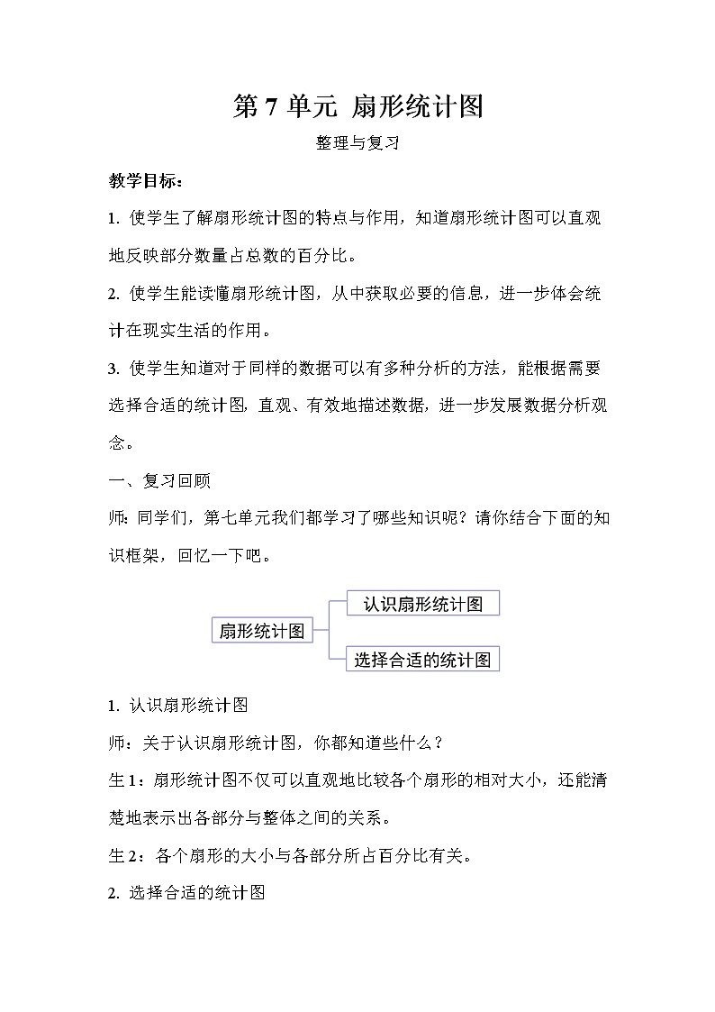 六年级上册数学教案   第7单元扇形统计图整理与复习示范教学方案   人教版第1页