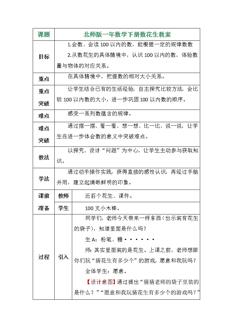 北师版一年数学下册数花生教案第1页