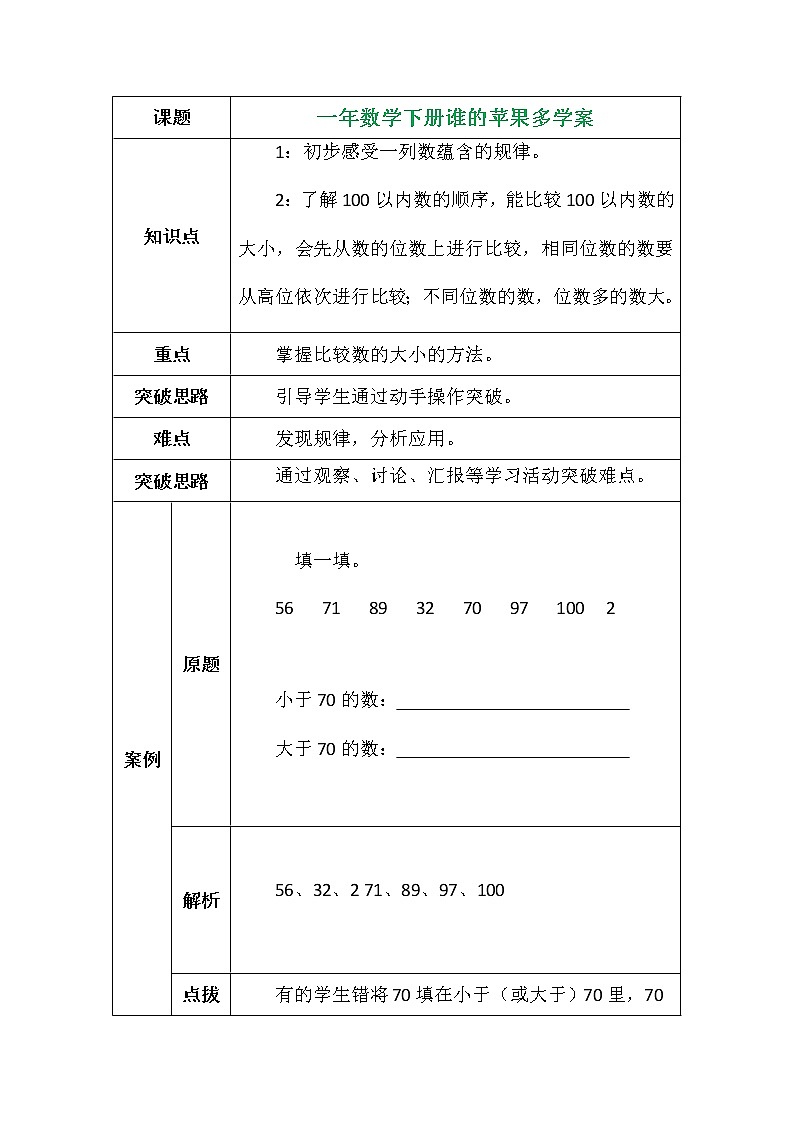一年数学下册谁的苹果多学案01