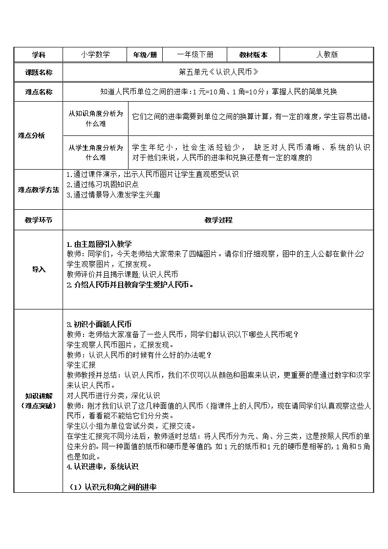 冀教版小学一年级数学  四.认识人民币  1.认识人民币  教案3第1页