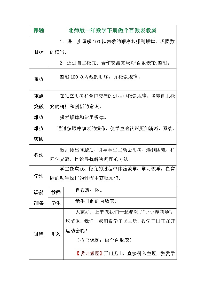 北师版一年数学下册做个百数表教案01