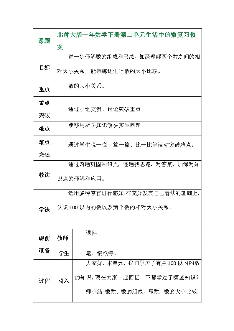 北师大版一年数学下册第二单元生活中的数复习教案第1页