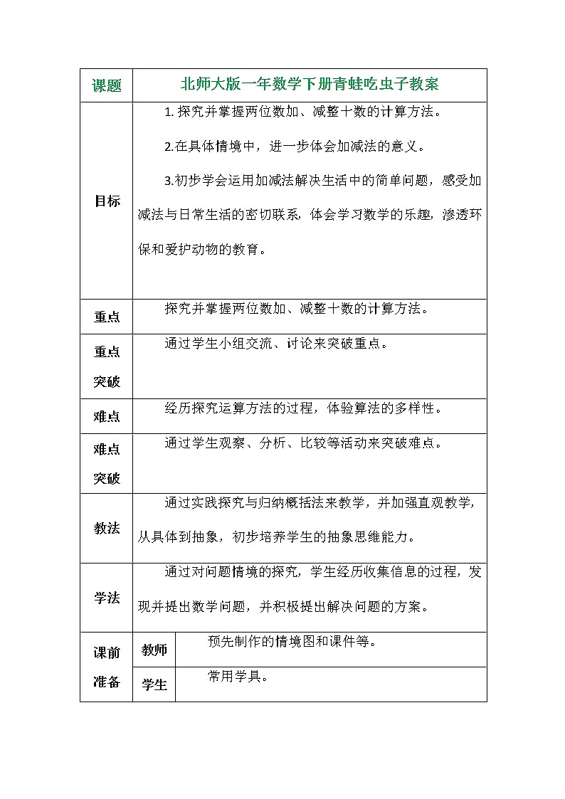 北师大版一年数学下册青蛙吃虫子教案第1页