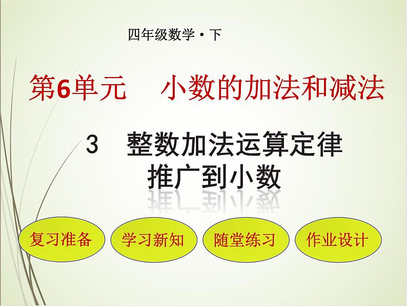 人教版数学四下6.3.1  整数加法运算定律推广到小数ppt课件+教案+同步练习01