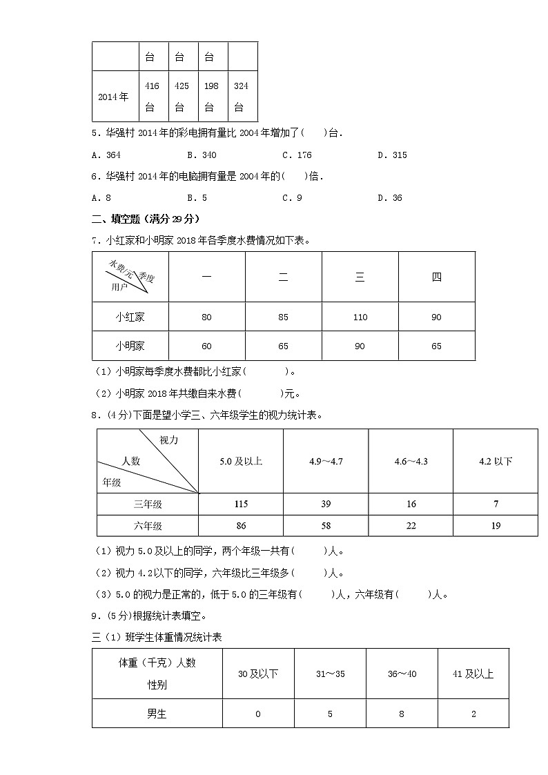 【精品】人教版三年级下册常考题特训第三单元复式统计表检测卷（五）（word版，含答案）第2页