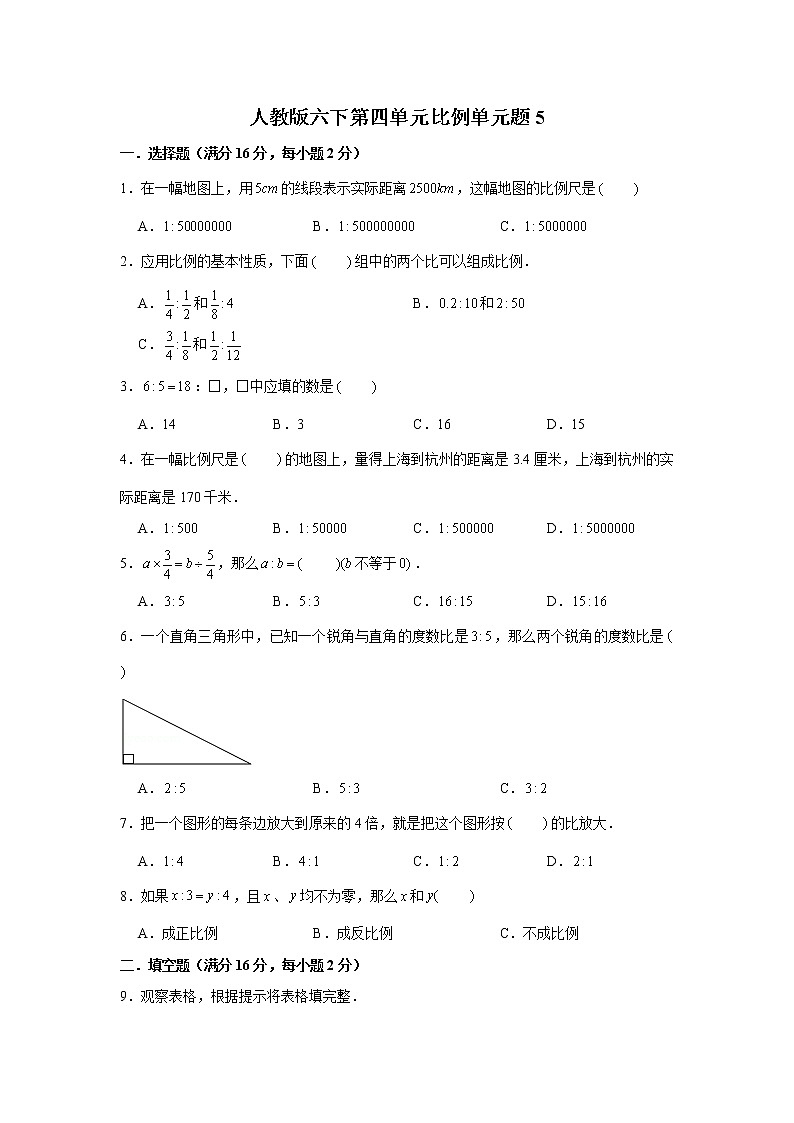 人教版六下第四单元比例单元检测卷第1页