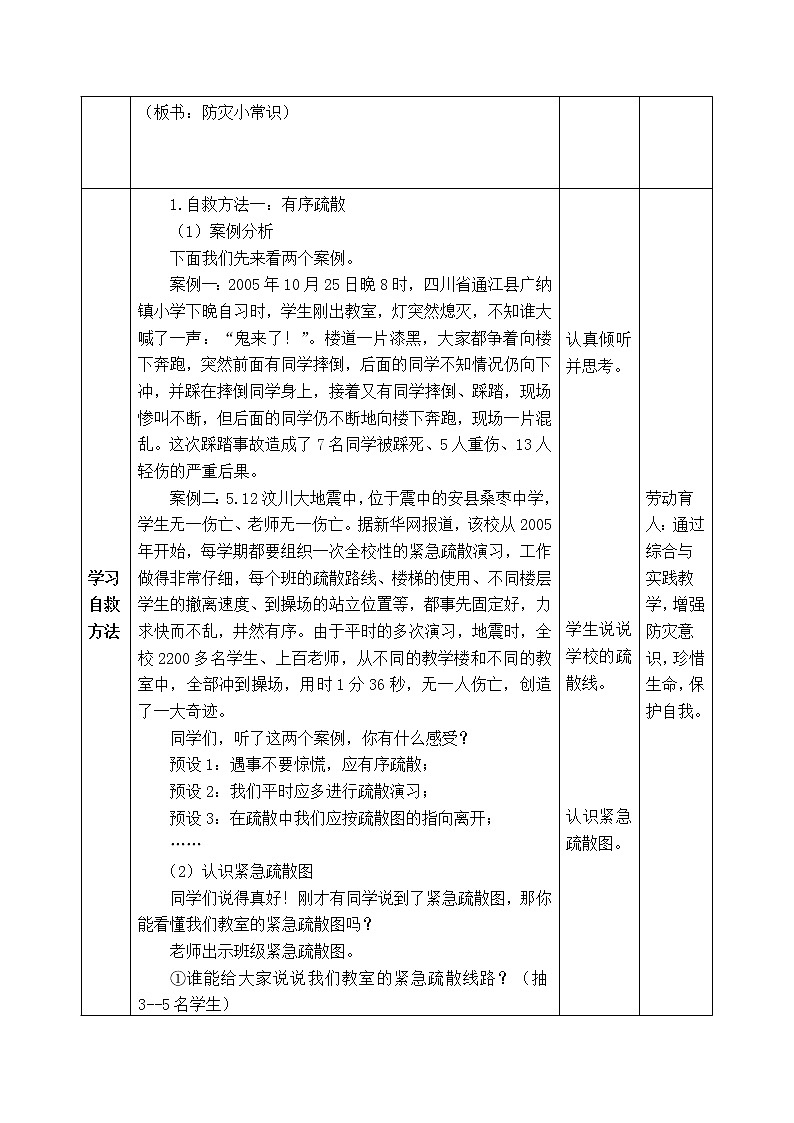 西师版四年级下册数学《综合实践：防灾小常识》表格式教案02