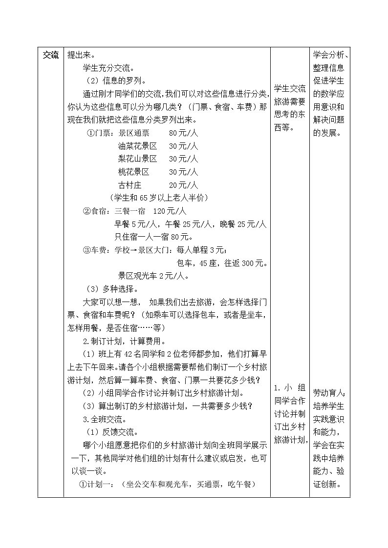 西师版四年级下册数学《综合与实践：制订乡村旅游计划》表格式教案第2页