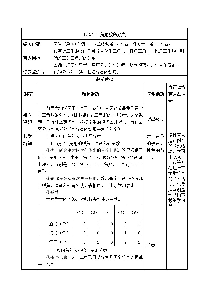 西师版四年级下册数学《4.2.1 三角形按角分类》表格式教案第1页