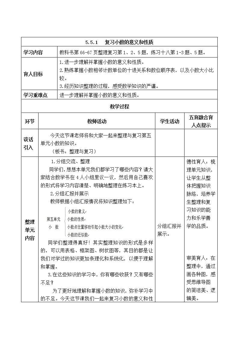 西师版四年级下册数学《5.5.1 　复习小数的意义和性质》表格式教案01