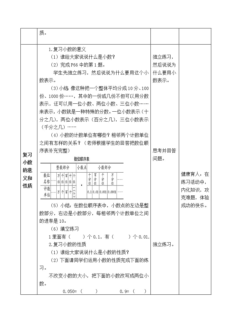 西师版四年级下册数学《5.5.1 　复习小数的意义和性质》表格式教案02